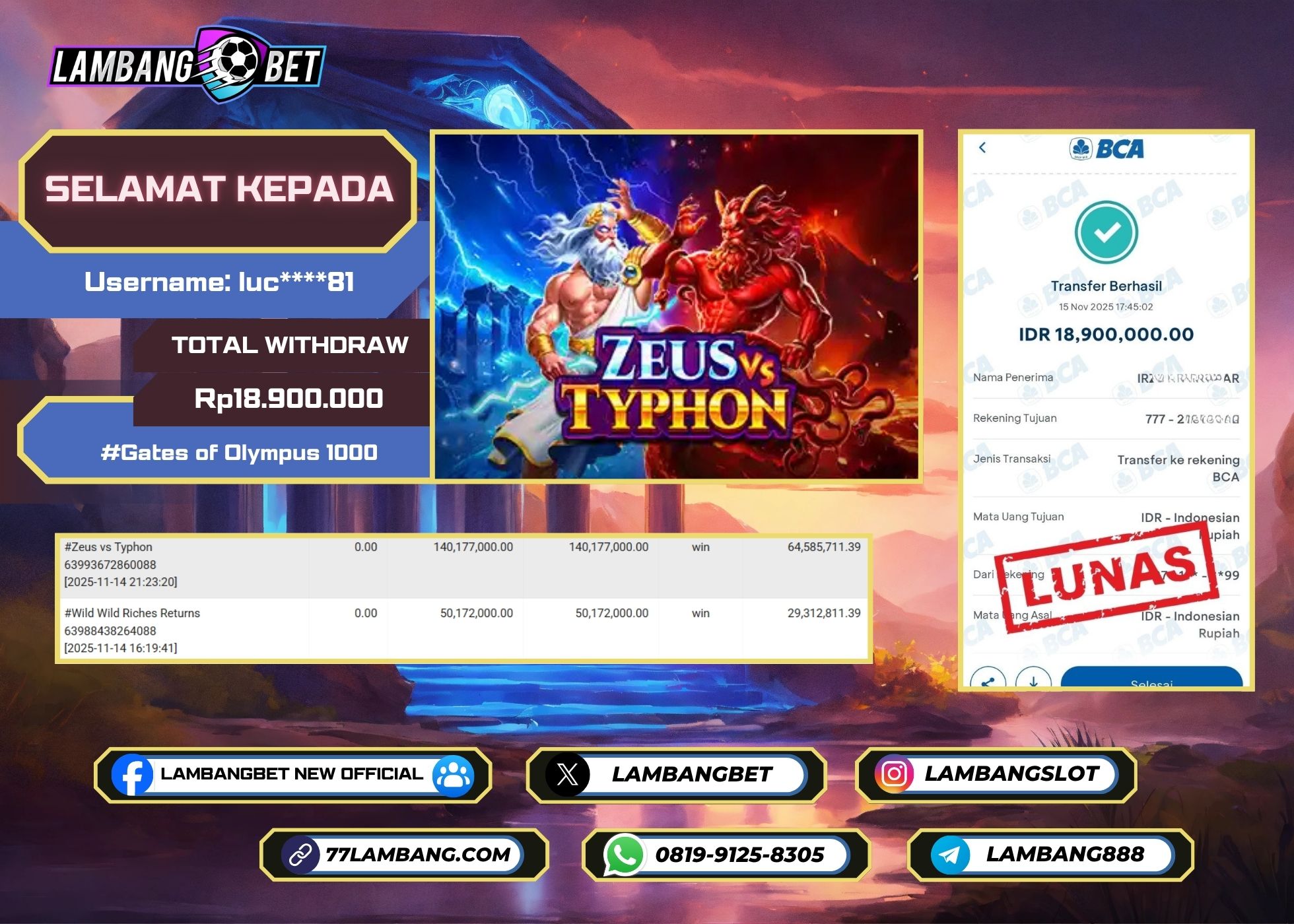 LAMBANGBET [15 NOVEMBER 2025] JACKPOT SLOT Zeus vs Typhon "Rp18.900.000" LUNAS